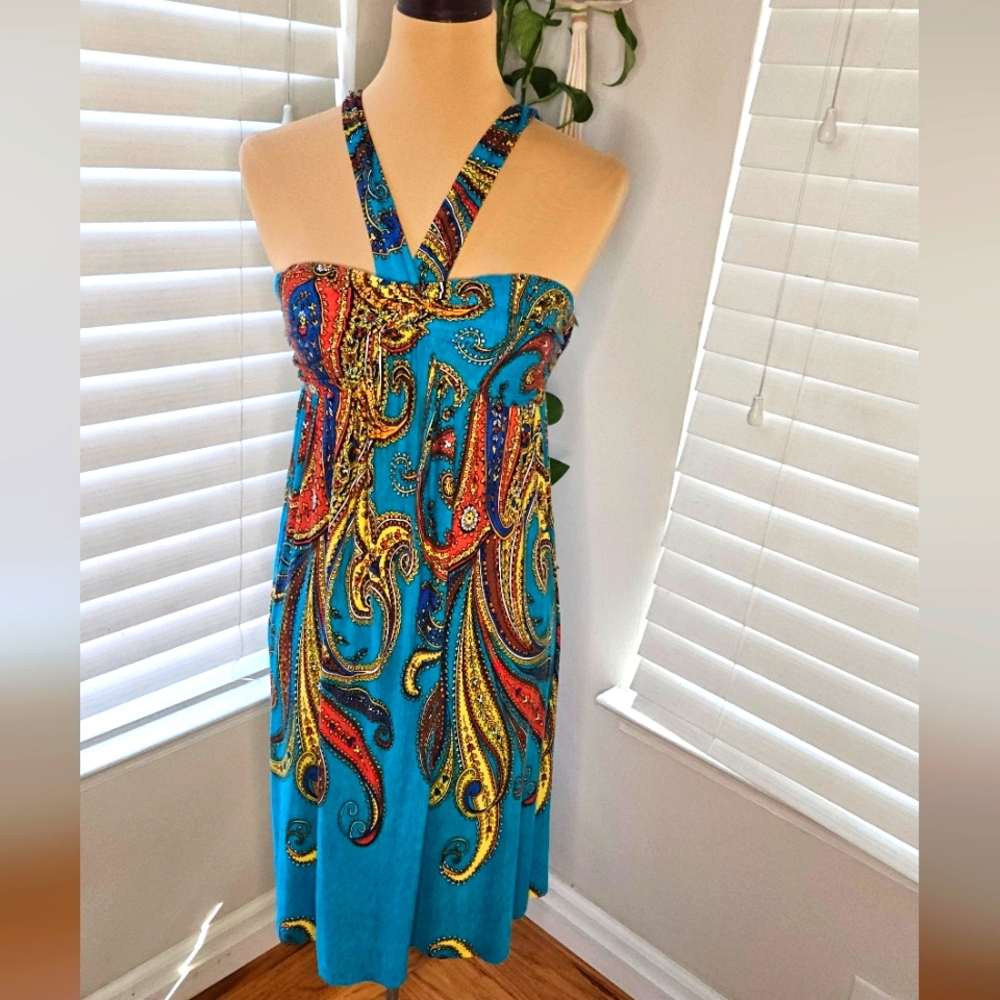 ALYX Teal & Orange Vibrant Paisley Halter Maxi Sundress